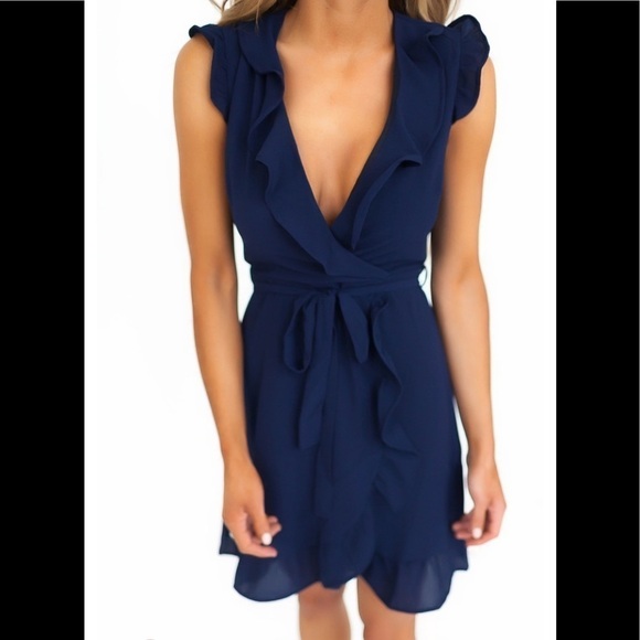 Navy Ruffle Trim Wrap Mini Dress Flutter sleeve V neck - Picture 2 of 2